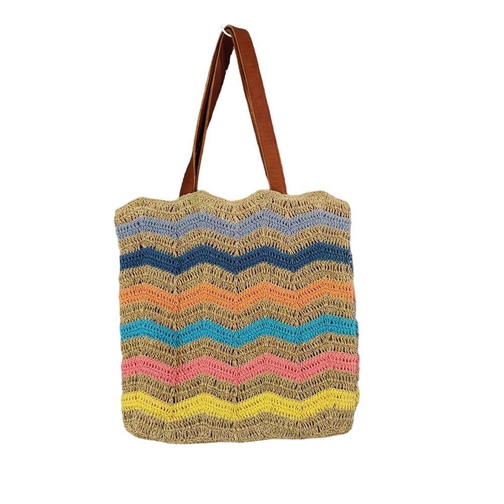 Anabaglish Women Rainbow Earthy Coastal Cottage Crochet Chevron Tote Bag Leather
